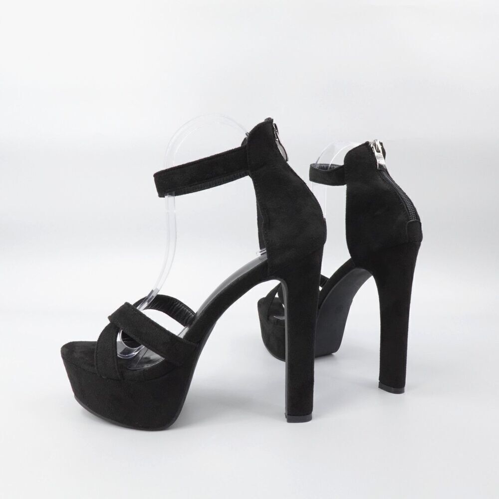 Black Chunky Platform Heels Faux Suede Ankle Strap Whimsigoth Retro Prom hoco - Picture 9 of 16